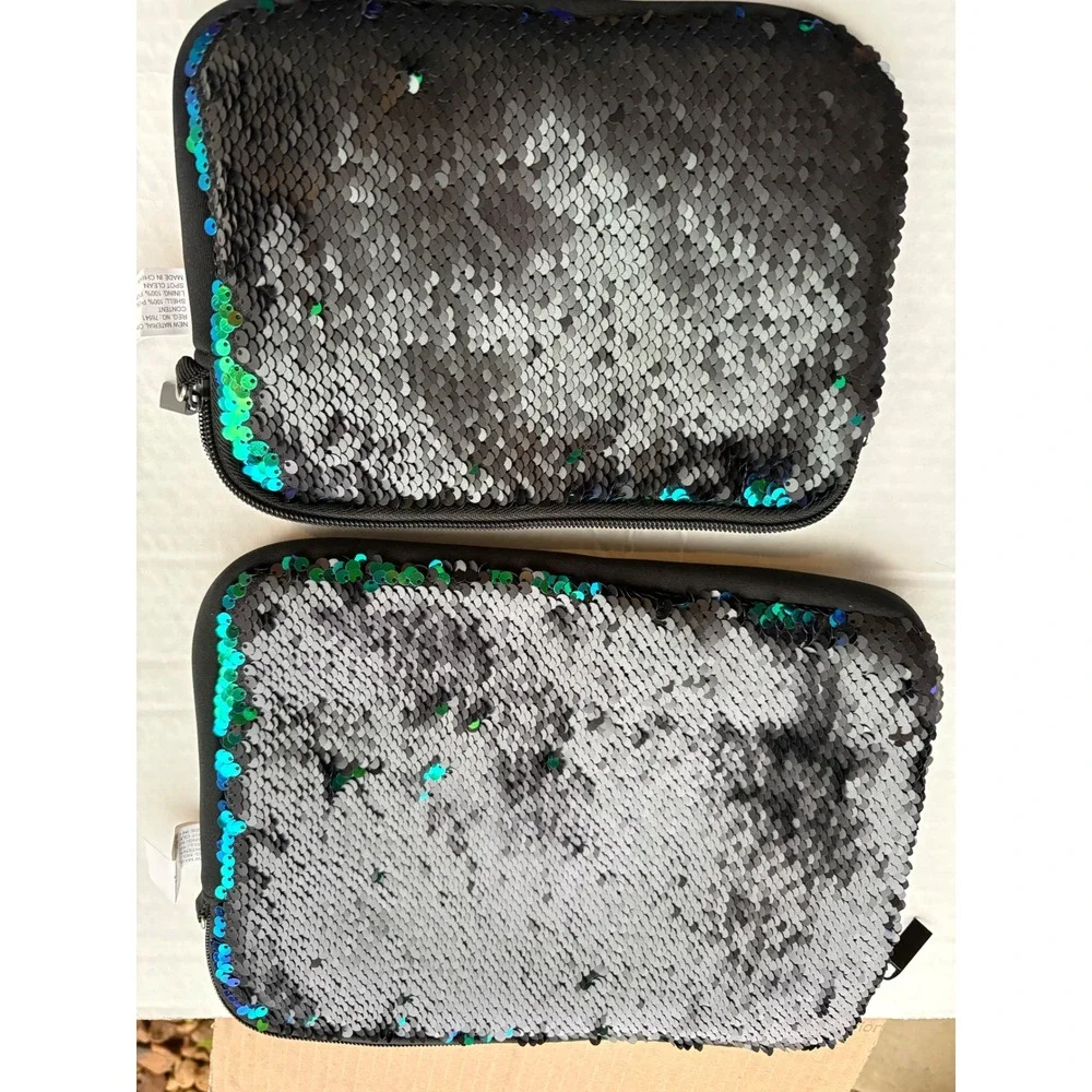 Set of 2 Reversible Flip Sequin Pouches Mermaid Teal Silver Crossbody Cases